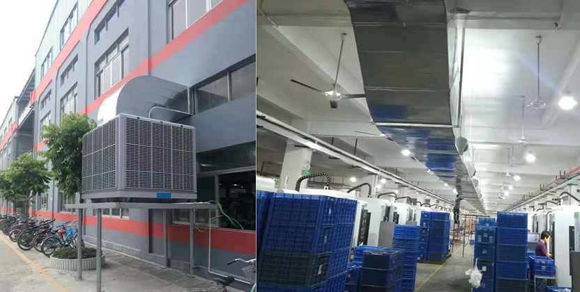 Workers staying comfortable with industrial air cooler in large commercial space