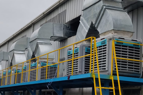 Close-up of industrial duct air cooler fan blades